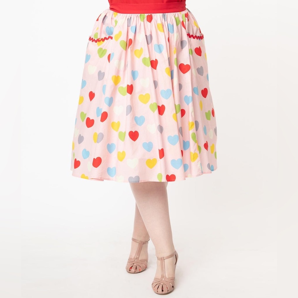 Unique Vintage Pink Heart Print Midi Swing Skirt